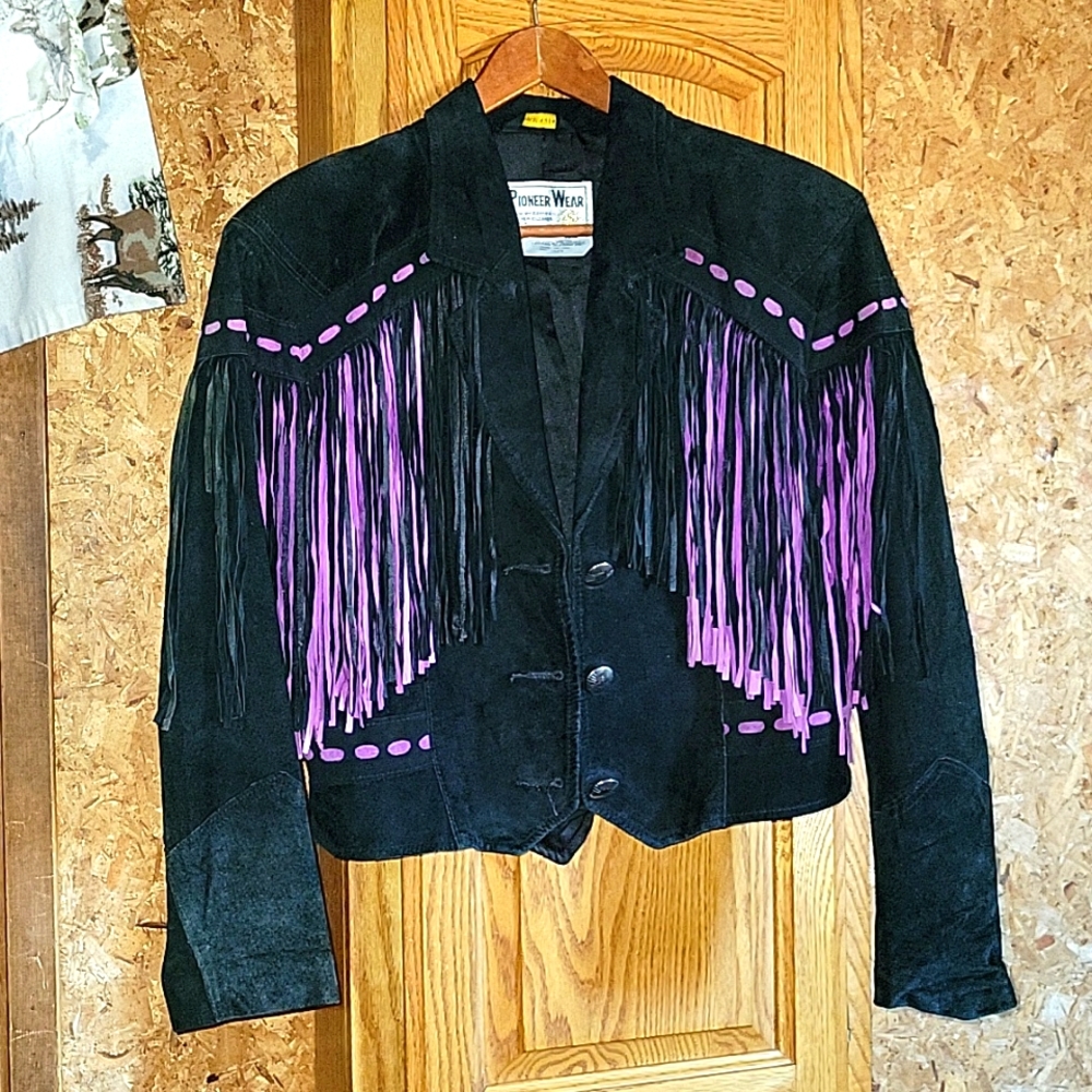 Pioneer Wear size 10 black leather fringe Western jacket NICE!